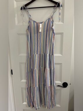 XS Joe Fresh Pastel Striped Tiered Tie-Shoulder Maxi Dress NWT